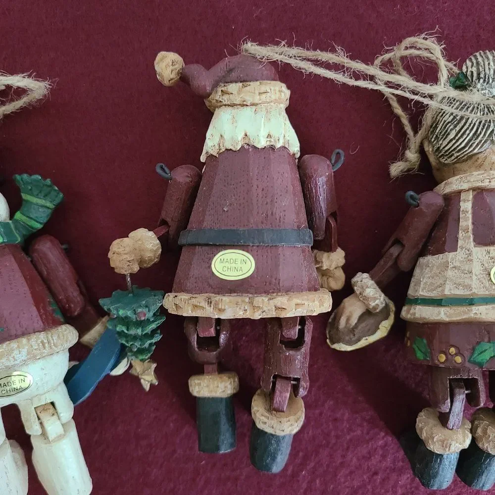 Vintage Country Christmas Jointed Resin Woodlook Ornaments Folk Art Rustic